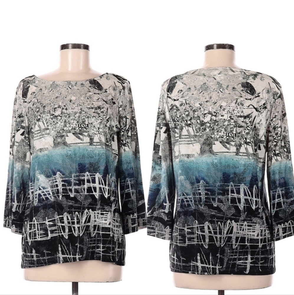 [Rare] Chico's Velour Artsy Watercolor‎ Print Boho 3/4 Sleeve Blouse Top M
